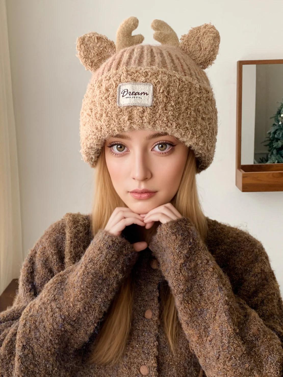 Hot Sale Women Cute Plush Fur Warm Winter Hat Young Trendy Knitted Hat With Deer Horn Ear Girls Lovely Elegant Fur Winter Cap