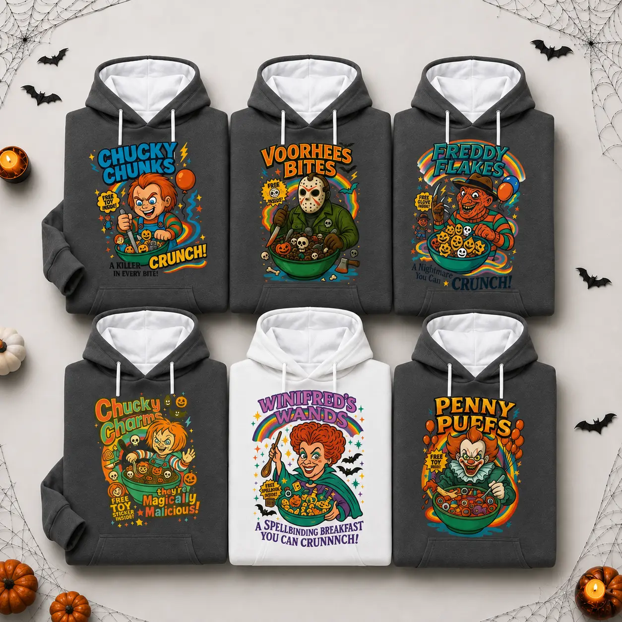 Unisex Retro Horror Cereal Parody Graphic Hoodie, Funny Spooky Cartoon Breakfast Themed Long Sleeve Sweatshirt, Halloween Casual Streetwear Top, Halloween Gift