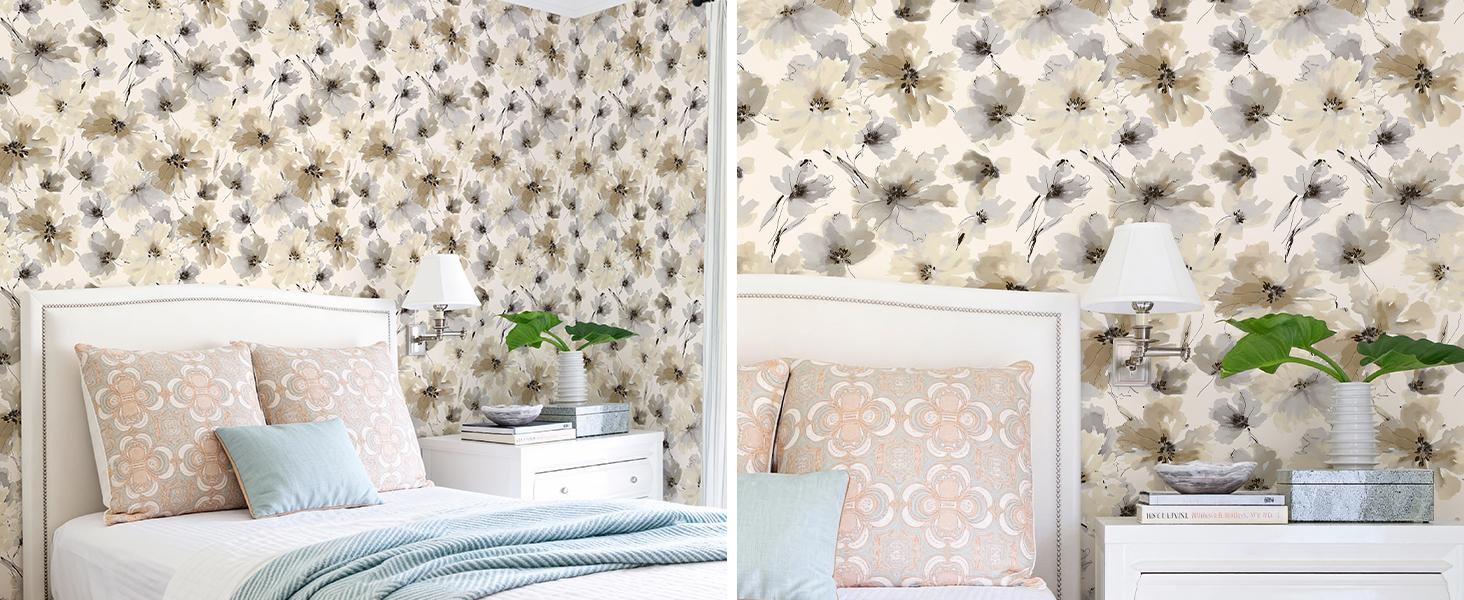 Floral Peel and Stick Wallpaper, Beige Yellow Watercolor Flower Contact Paper Peel and Stick for Bedroom, Vintage Removable Waterproof Self Wall Paper 118 x 17.3in, 14.4 sq.ft