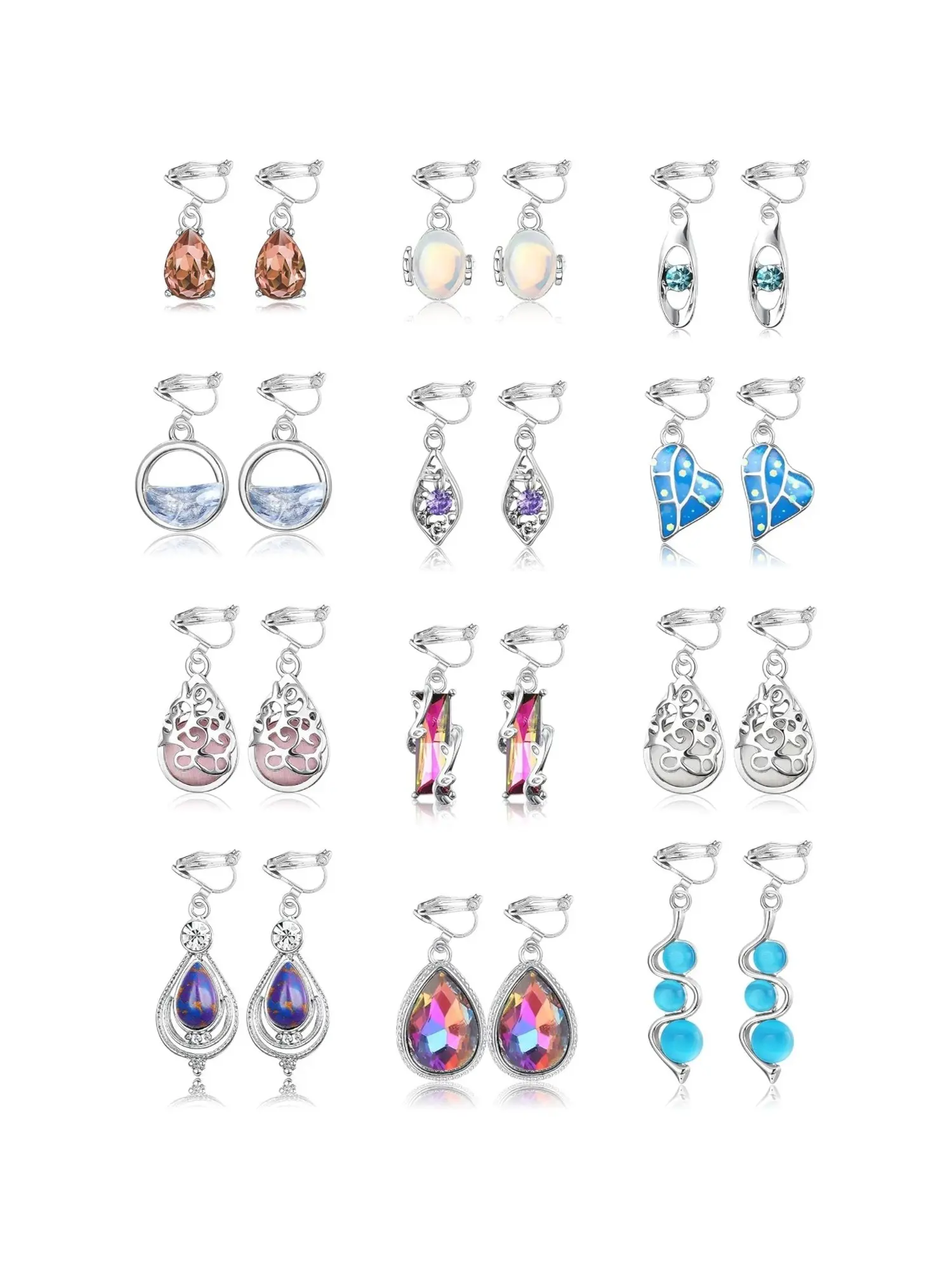 12 Pairs Trendy Distinctive Vivid Designs Dangle Clip on Earring Bundle for Women Men Fashion Lovers Non-piercing Spring Clip Alloy Ear Jewelry Collection Colorful Layered Ear Aesthetics Suitable for Office Commuting Casual Dating