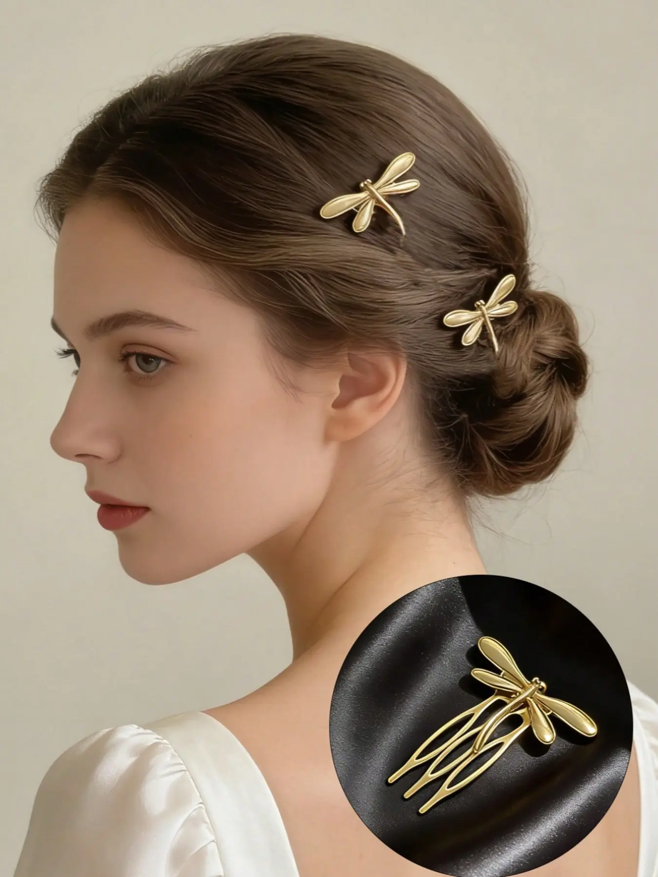 Women's Sweet Vintage Gold Dragonfly U-Shape Hair Clip, French Side Bun Comb, French Hair Pins, Simple Daily Loose Hair Holder, 1 Piece Set, Dragonfly Clips