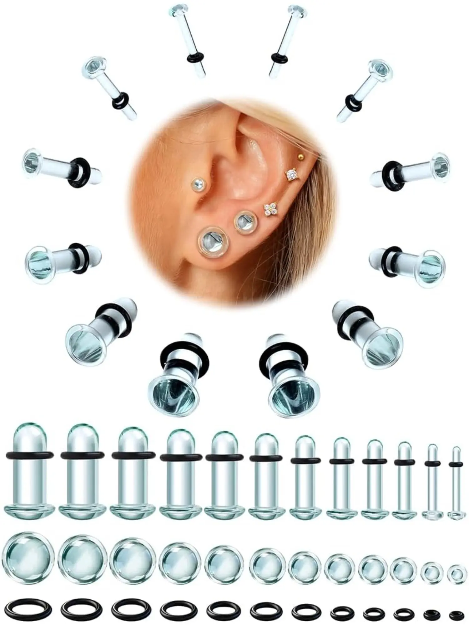 24Pcs Glass Ear Stretching Kit, Hypoallergenic 14G to 1G Ear Plugs & Tunnels, 0.5mm Size Increments, Domed Flare Gauges with Rubber O-Rings, Comfort Dead Stretching Body Piercing Jewelry