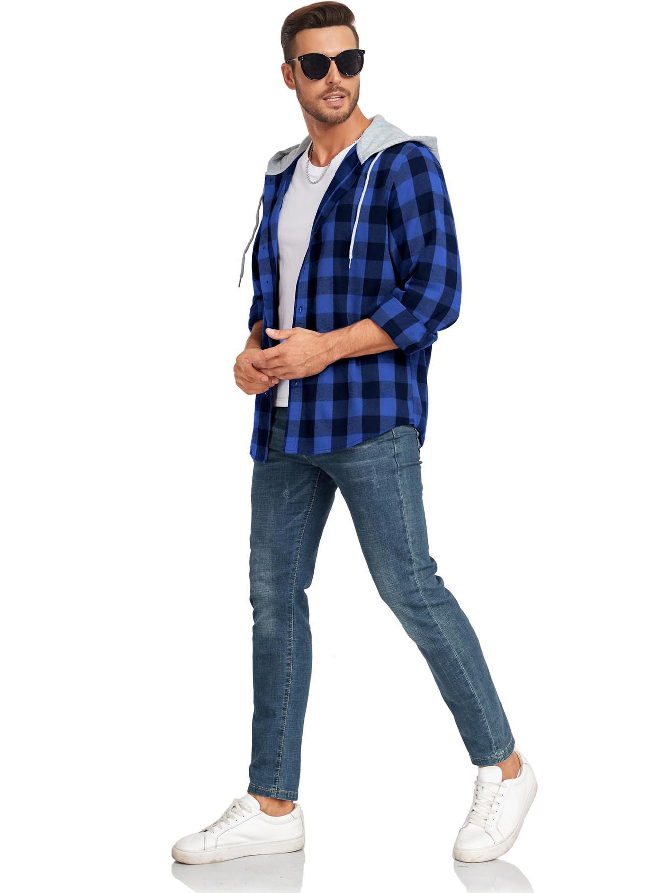 [Plus Size] Plaid Gingham Checkered Patchwork Button Front Hooded Jacket, Casual Streetwear Regular Fit Long Sleeve Drawstring Pocket Outerwear for Fall & Winter, Men's Clothes for Daily Wear Checked Fitted