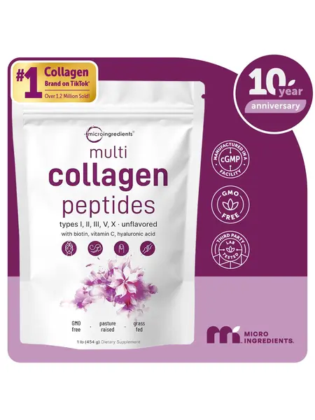 Micro Ingredients Multi Collagen Peptides Powder - Hydrolyzed Protein Peptides (Type I,II,III,V,X) with Hyaluronic Acid, Biotin & Vitamin C Unflavored