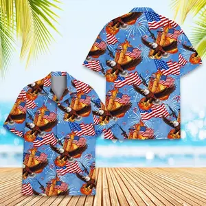 Patriotic Eagle Hot Dog USA Flag Firework Hawaiian Shirt, Bright Blue Short Sleeve Button Down Aloha Top, Unisex 4th of July Summer Beach Casual Shirt For Men Women # TikTokMadeMeBuyIt # PatrioticHawaiianShirt # IndependenceDayTop # EagleFlagAlohaShirt