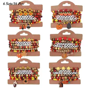 24/36Pcs Handmade Stackable Stretch FriendshipThanksgiving Bracelets, Polymer Clay Beaded Stretch Bracelets with Turkey & Pumpkin Charms, Fall Harvest Stackable Multilayer Jewelry, Party Bracelet Packs & Festival Accessories