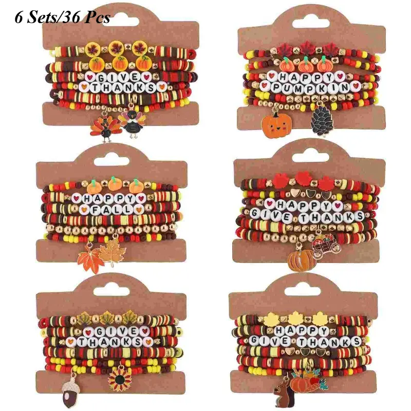 24/36Pcs Handmade Stackable Stretch FriendshipThanksgiving Bracelets, Polymer Clay Beaded Stretch Bracelets with Turkey & Pumpkin Charms, Fall Harvest Stackable Multilayer Jewelry, Party Bracelet Packs & Festival Accessories