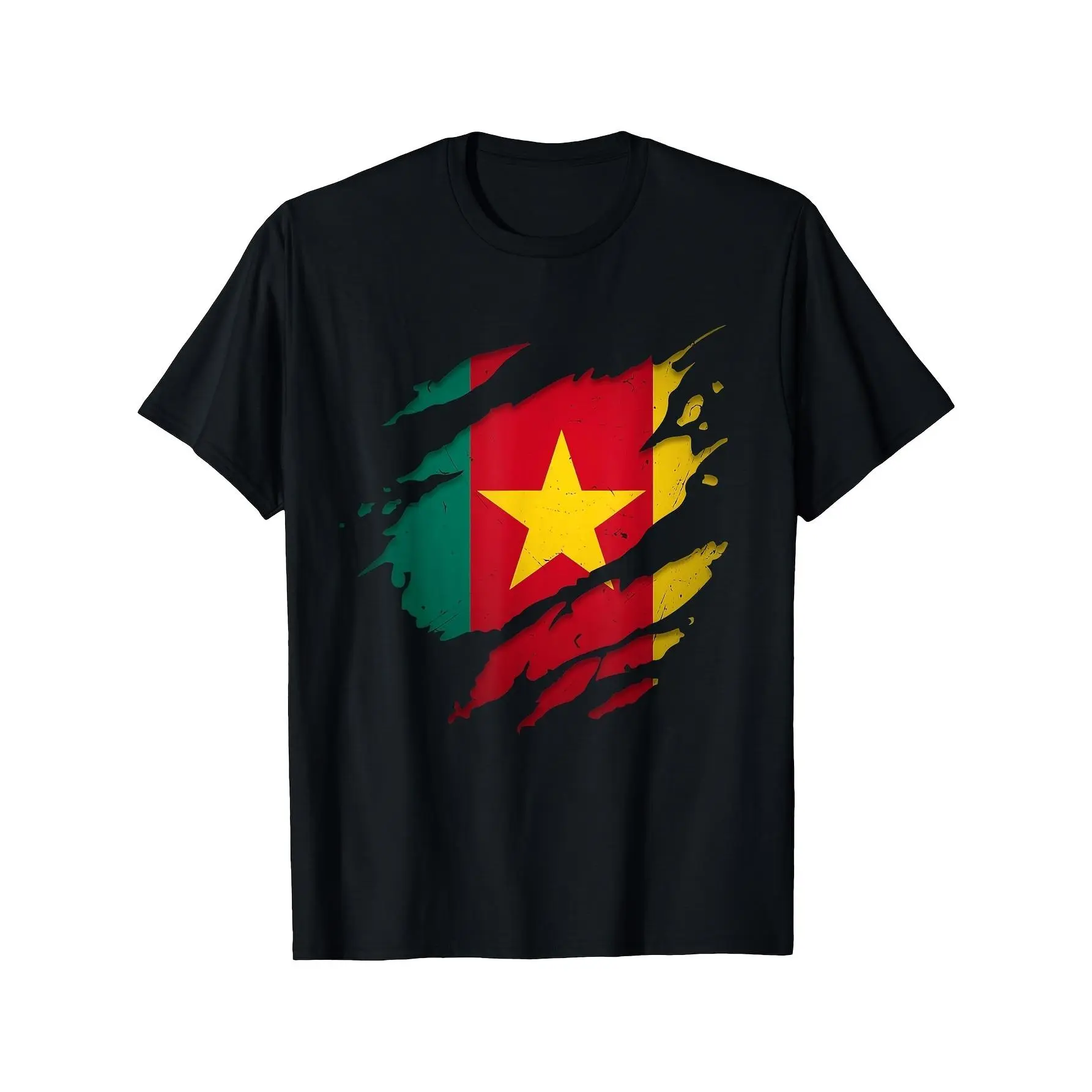 Men's Cameroon Flag Print T-Shirt, Casual Round Neck Streetwear Top with Short Sleeves, Cameroonian Pride Menswear, Tshirt, Shortsleeve, Country Flag Design Men's Short-Sleeve T-Shirts, Patterned, Cotton