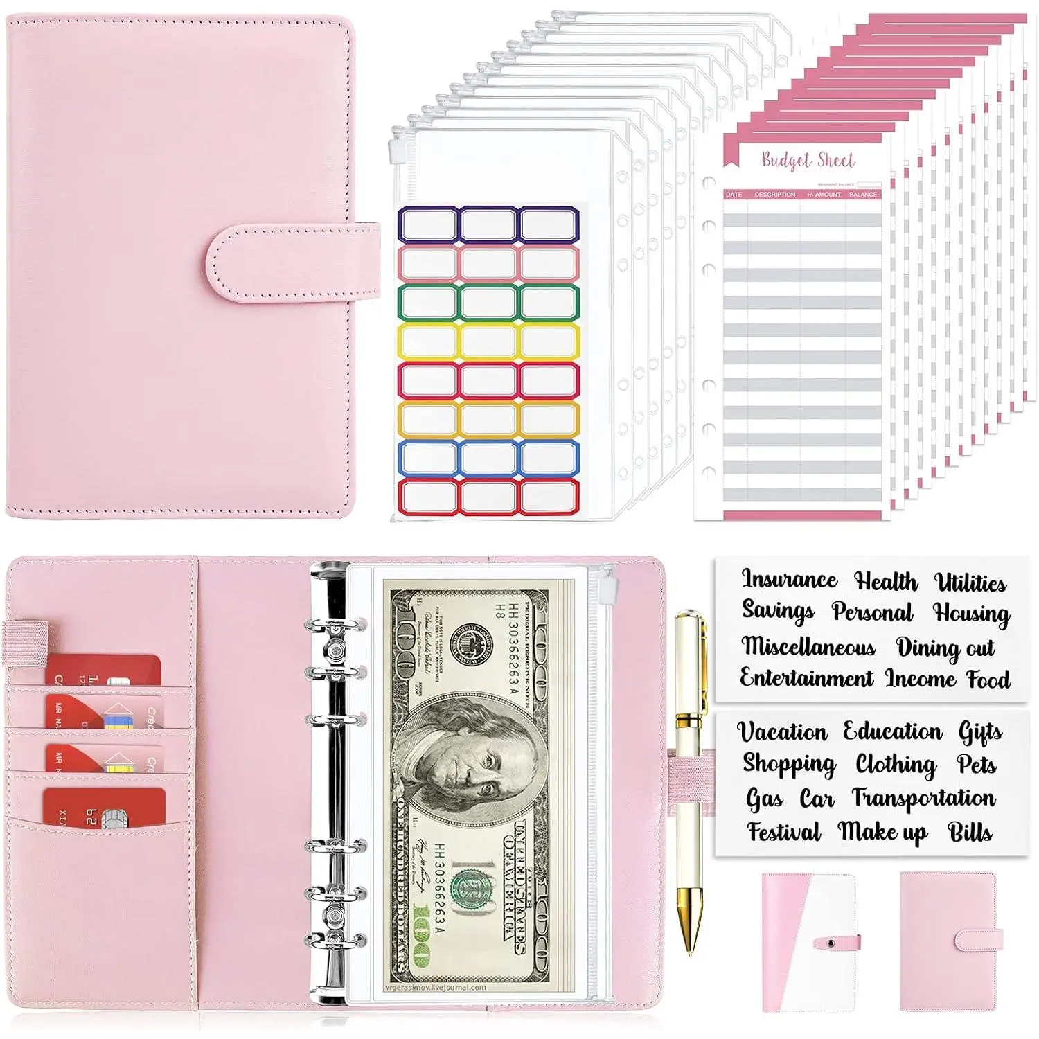 A6 PU Leather Zippered Binder Budget Organizer, 28-Count Set Zipper Envelopes, Sticker Labels for Bill Organizing (Office Money Handling Supplies)
