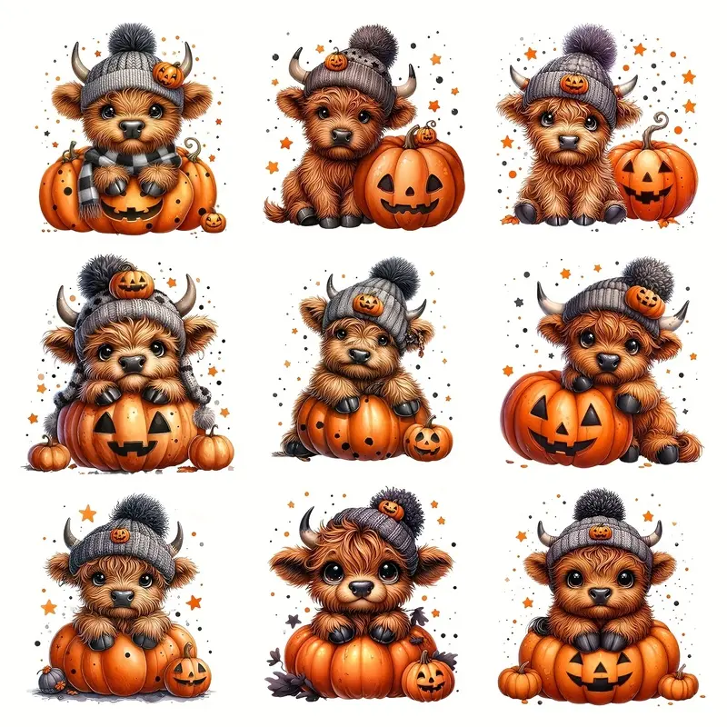 9PCS Halloween Highland Cow Pumpkin Iron On Patches Heat Press Transfer Stickers For Clothes Jeans Backpack Hats DIY Sewing Repair Decorative Accessories