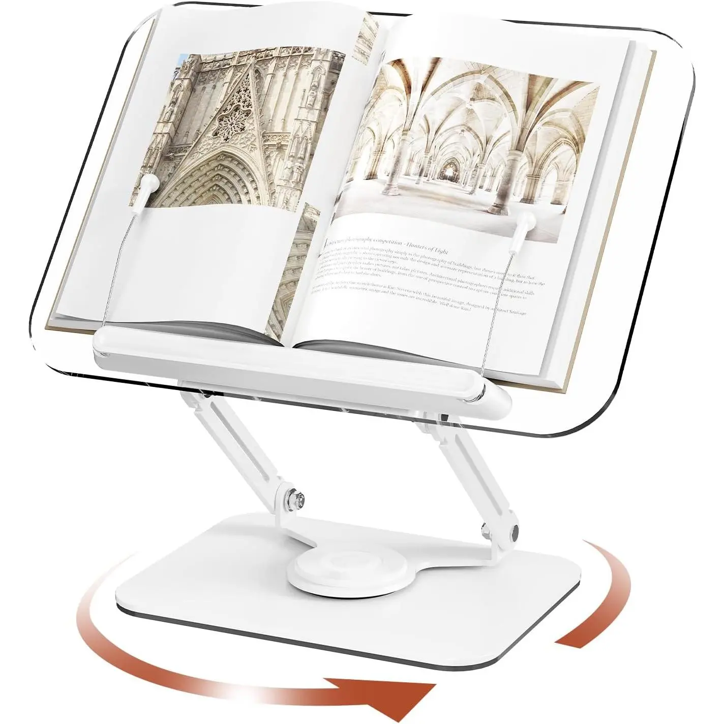 Acrylic Adjustable Book Stand for Reading, with 360 °   Rotating Base & Elastic Page Clips, Foldable Desktop Riser for Cookbook, Laptop, Tablet, Music Scores, Recipe, Textbook