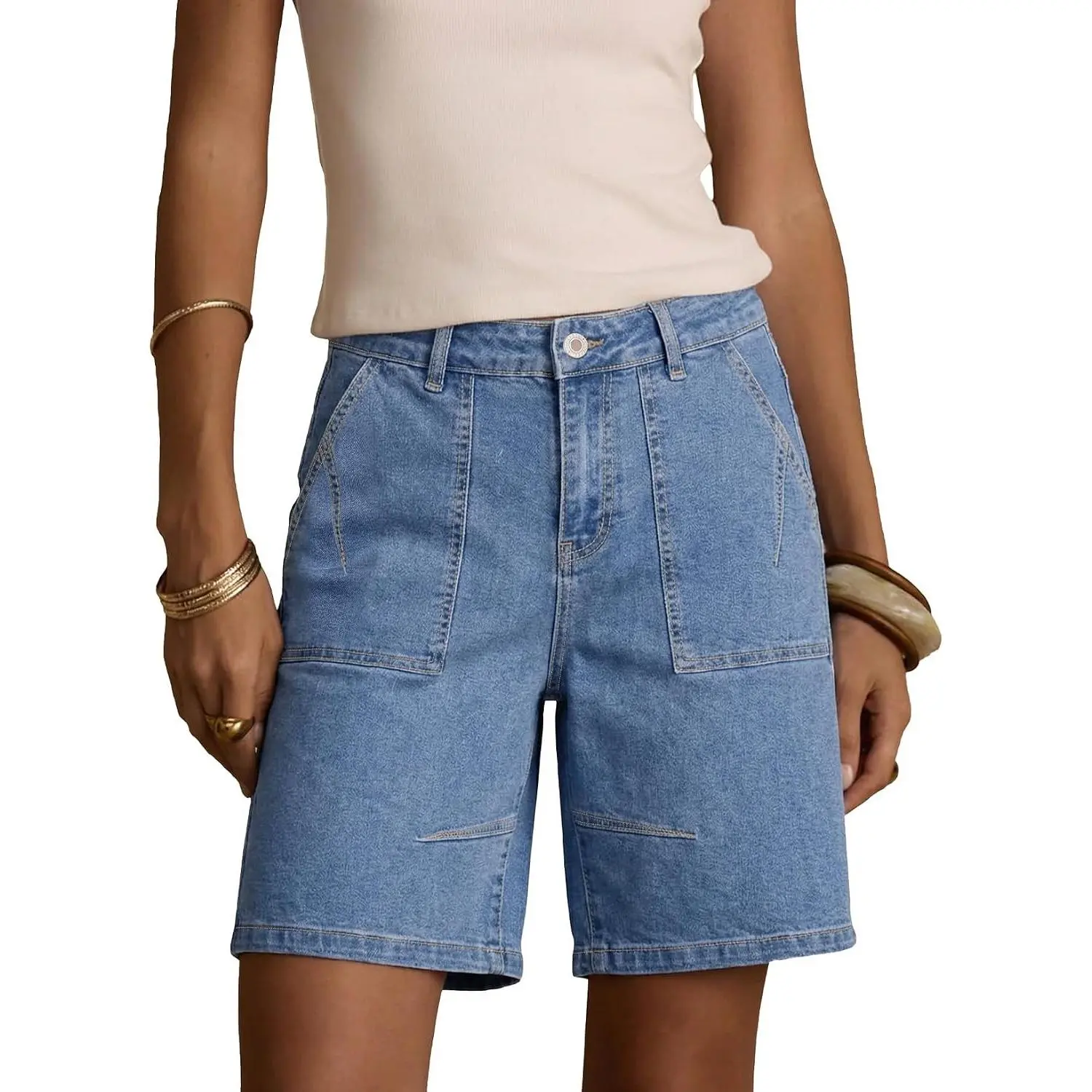 Women's Jean Shorts High Waisted Stretchy Bermuda Pleated Denim Summer Shorts