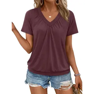Women's Short Sleeve V Neck T-Shirt Summer Beach Vacation Casual Loose Ruched Top