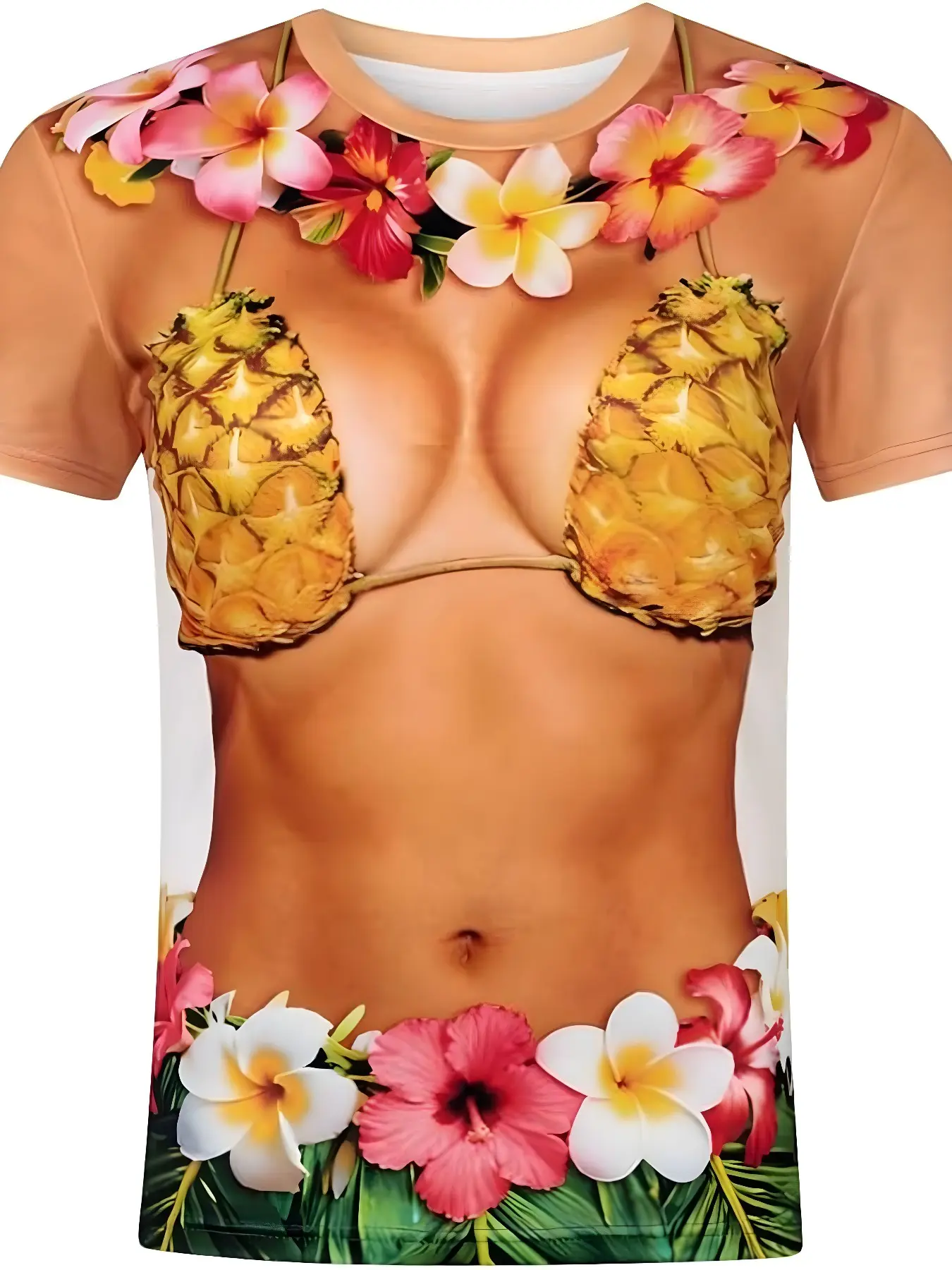 Funny Tropical Hibiscus Print Short Sleeve T-Shirt, Casual Loose-Fit Round Neck Top, Fun Beach Vacation Wear, Unique Fashion Tee