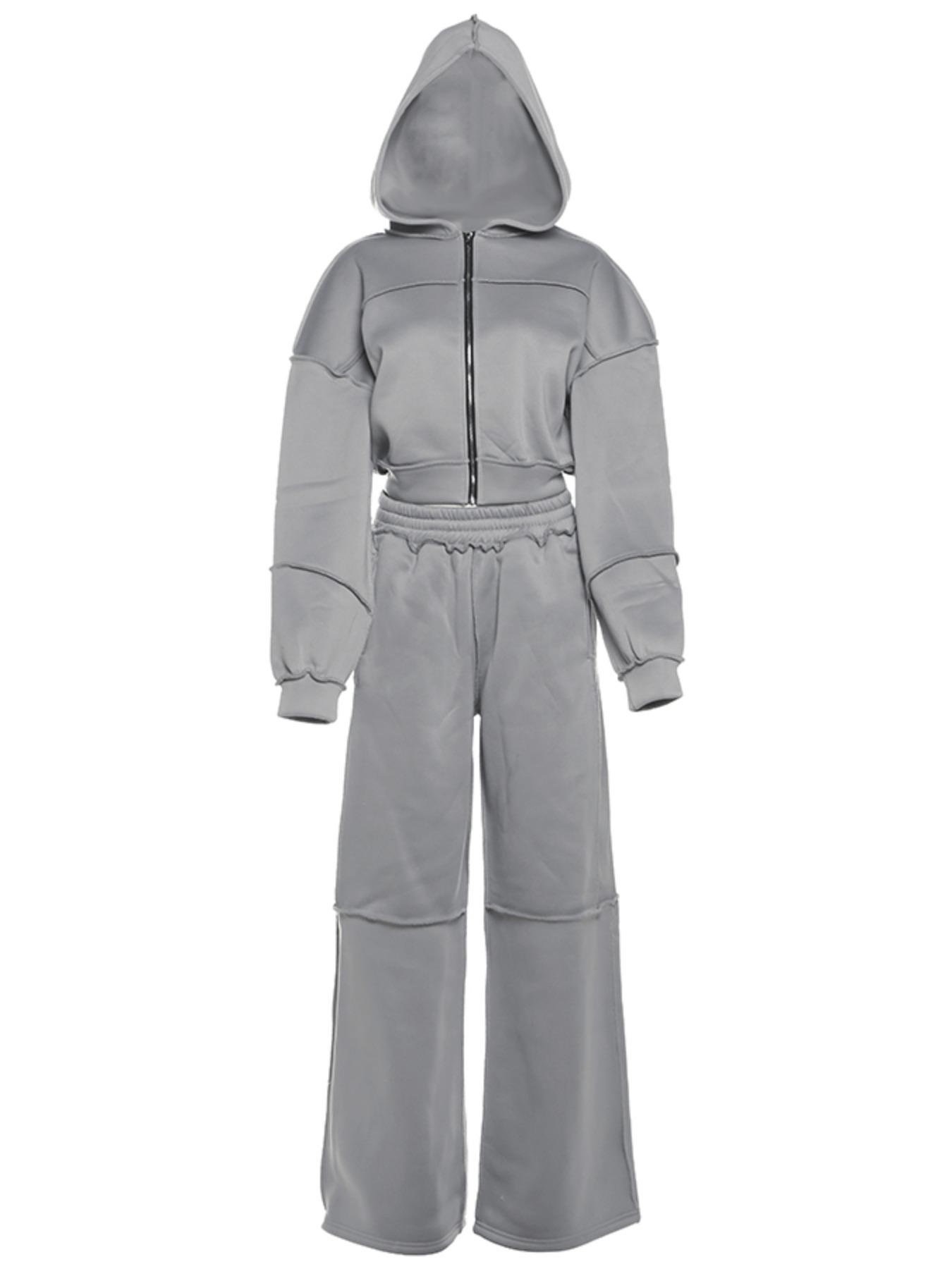 Women's Solid Zip Up Hooded Sweatshirt & Pocket Elastic Waist Pants Two-piece Set, Casual Outfits Women, Casual Drop Shoulder Long Sleeve Top & Trousers for Fall & Winter, Women's Clothes for Daily Wear, Brown,Airport Outfit