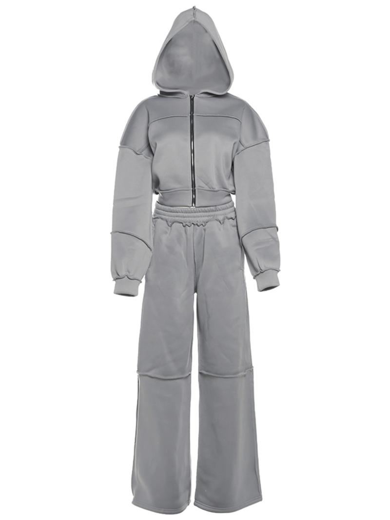 Women's Solid Zip Up Hooded Sweatshirt & Pocket Elastic Waist Pants Two-piece Set, Casual Outfits Women, Casual Drop Shoulder Long Sleeve Top & Trousers for Fall & Winter, Women's Clothes for Daily Wear, Brown,Airport Outfit