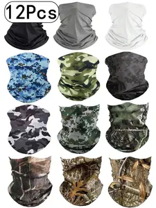 12Pcs-Summer Thin Camouflage Magic Headscarf Face Mask Neck Gaiter Masks Outdoor Sun Protection Running Cycling Seamless Unisex Face Cover Camouflage Neck Gaiters
