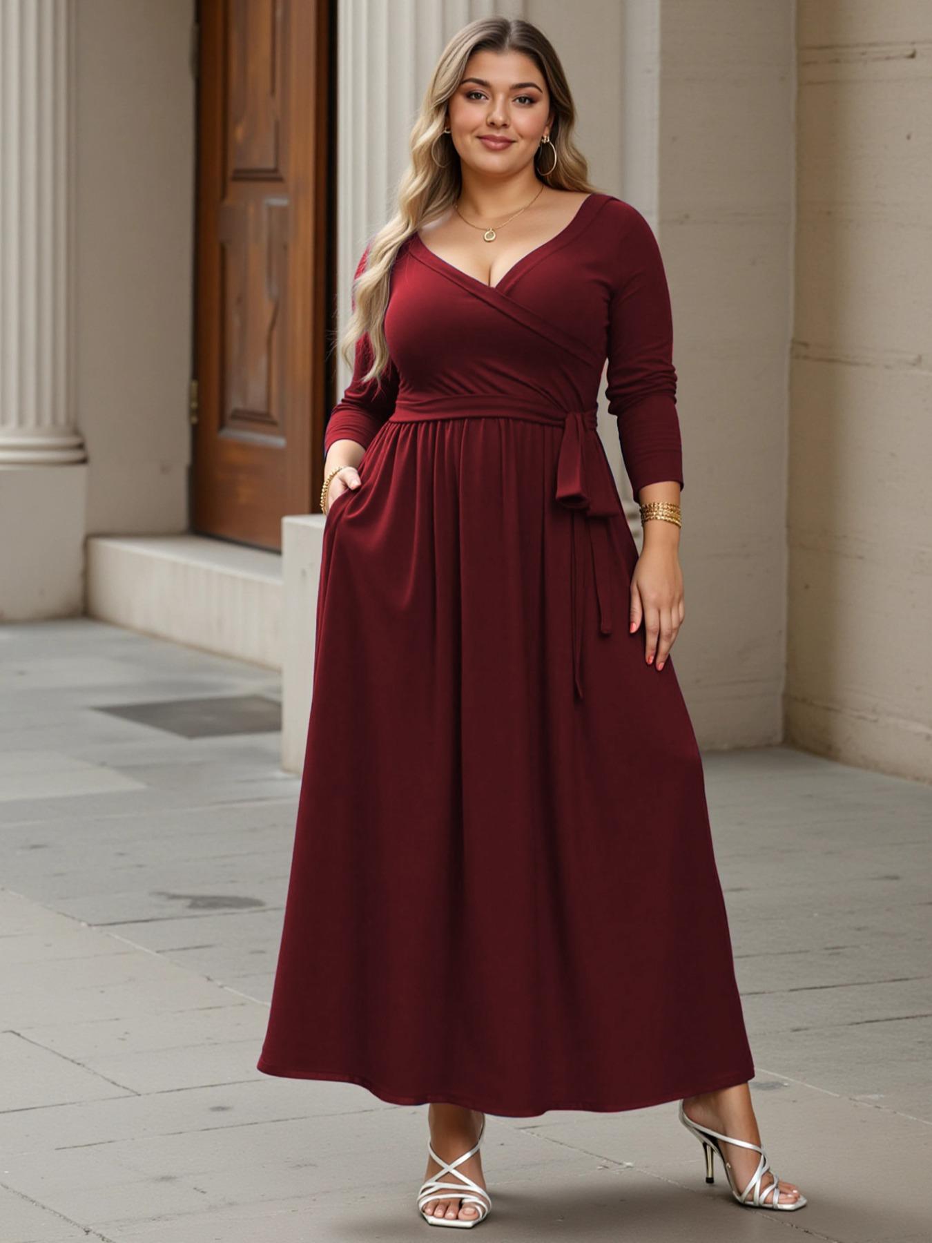 Women's V Neck Stretchy Casual Long Plus Size Dress, Perfect for Bridesmaids, Vintage Style Wedding & Party Wear, Comfortable All-Day Fabric