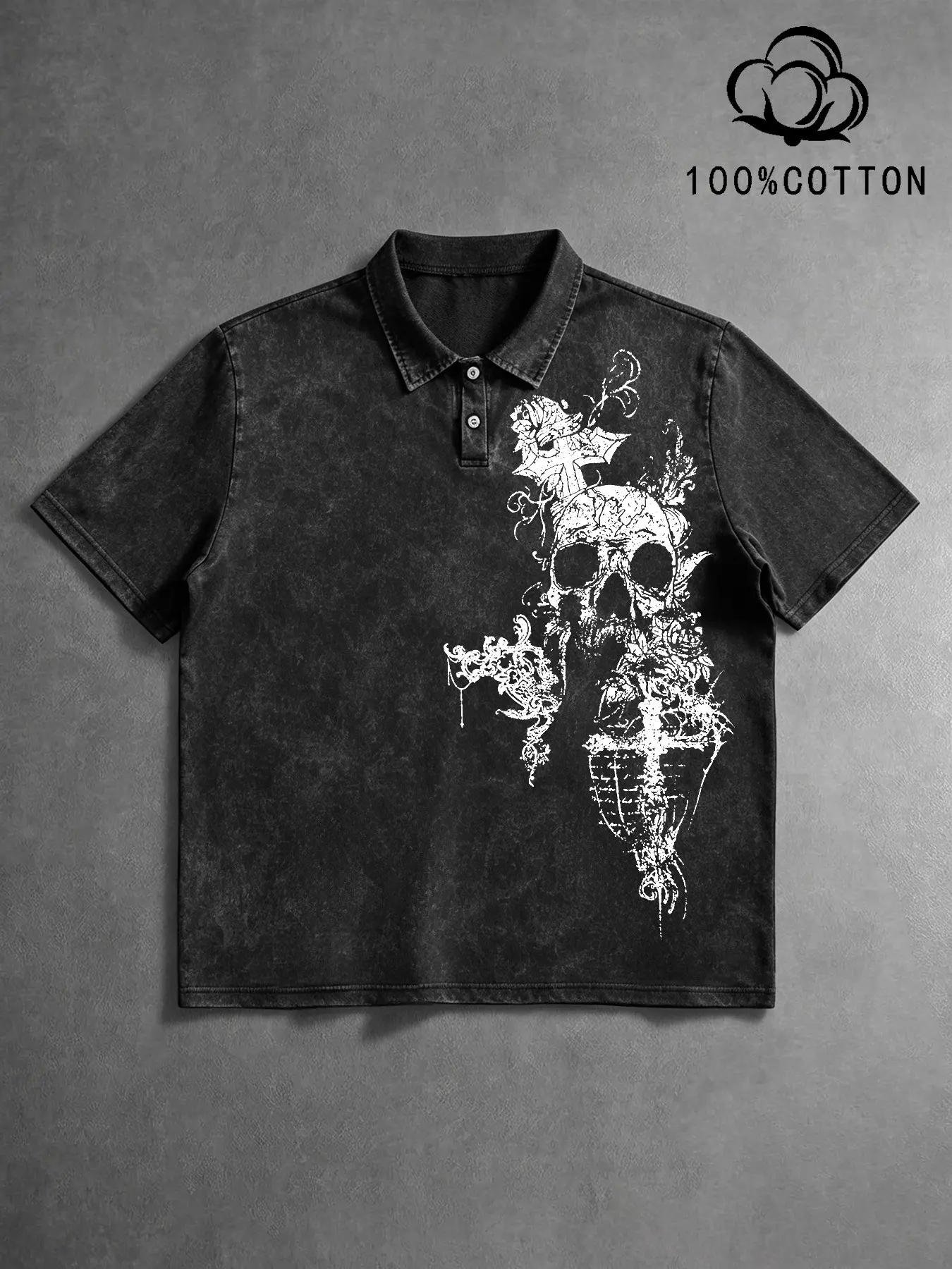 Men's Short Retro Washed Casual Polo Shirt, Full Cotton Gothic Skull Cross Floral Print, Loose Fit Dark Aesthetic Streetwear Top