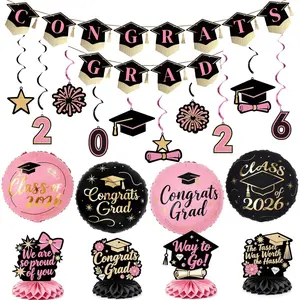 Graduation Decorations Class of 2026 Black Gold Pink 19pcs Grad Party Supplies with Congrats 2026 Grad Banner Hanging Swirls Foil Balloons Graduation Cap Centerpieces Party Decorations