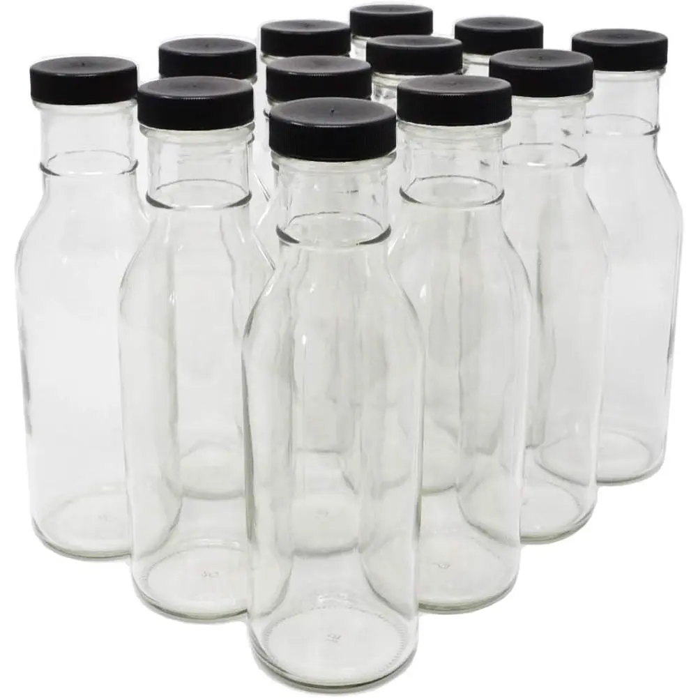 Clear Glass Beverage/Sauce Bottles, 12 Oz, Black Caps - Case of 12