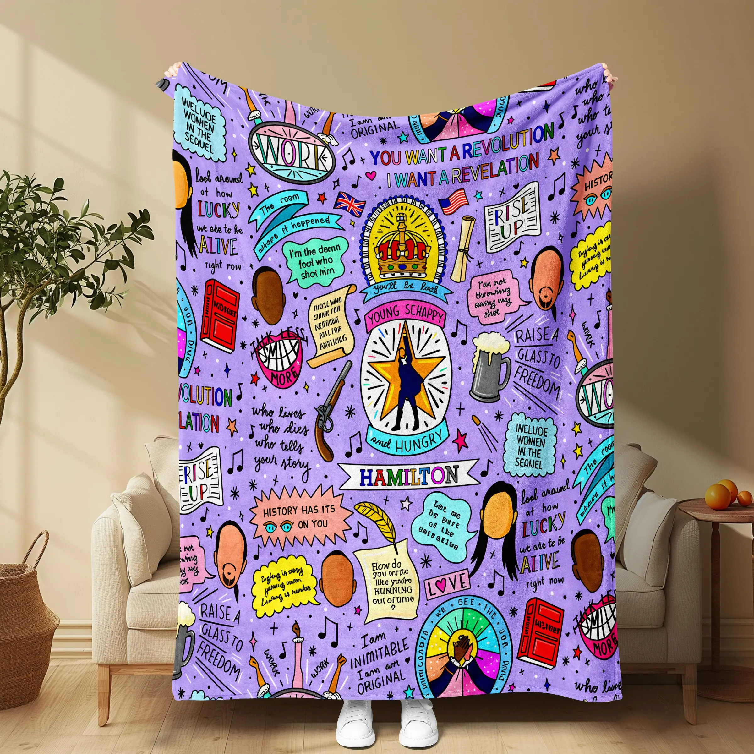 Hamilton Musical Graffiti Limited Edition Flannel Blanket, Lavender Base, Soft High-Density Flannel, Perfect for Sofa, Bed, Office Nap, Broadway Theme Photography, Soft Blankets