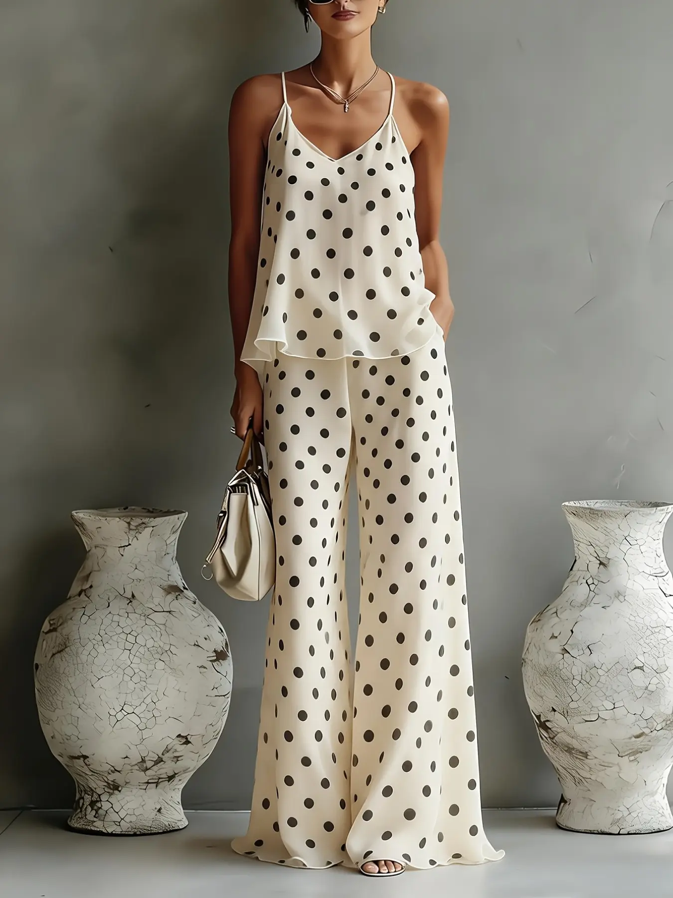 Boho Style Vacation Set, Chiffon V-Neck Tank Top, Polka Dot Wide Leg Pants, Women's Two-Piece, Casual Summer Fashion