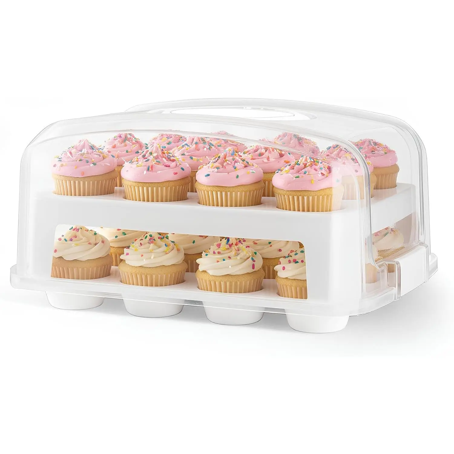EXTRA TALL DOME Cupcake Carrier, White Cupcake Holder Carries 24 Cupcake Storage Container, Muffin Traveler Two Tier Stand Reusable Cupcake Box