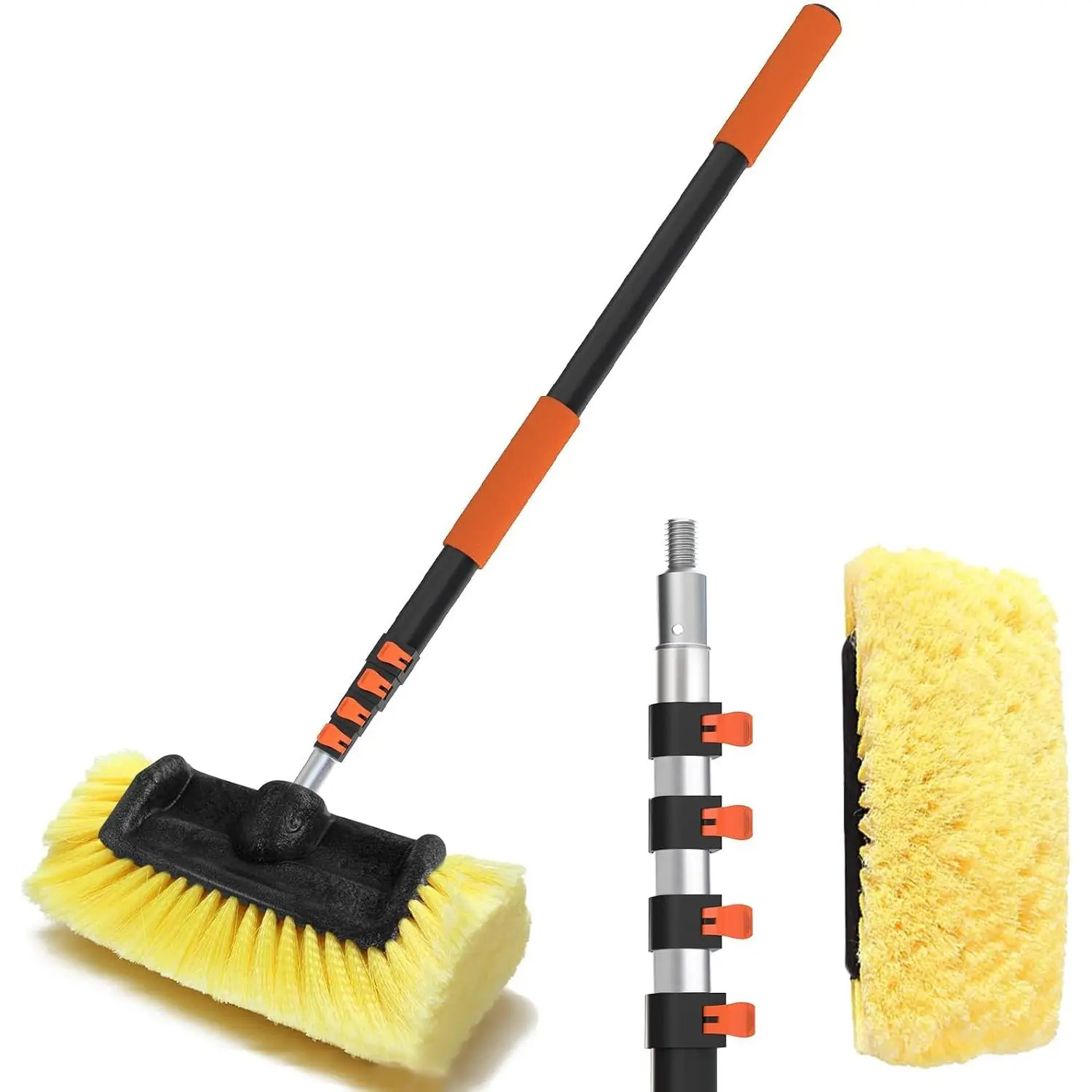 12FT Telescopic Adjustable Car Wash Brush, 12-In Soft Bristles, Aluminum Pole, PVC Construction, Quick Connect, for SUV, RV, House Siding Stain Removal