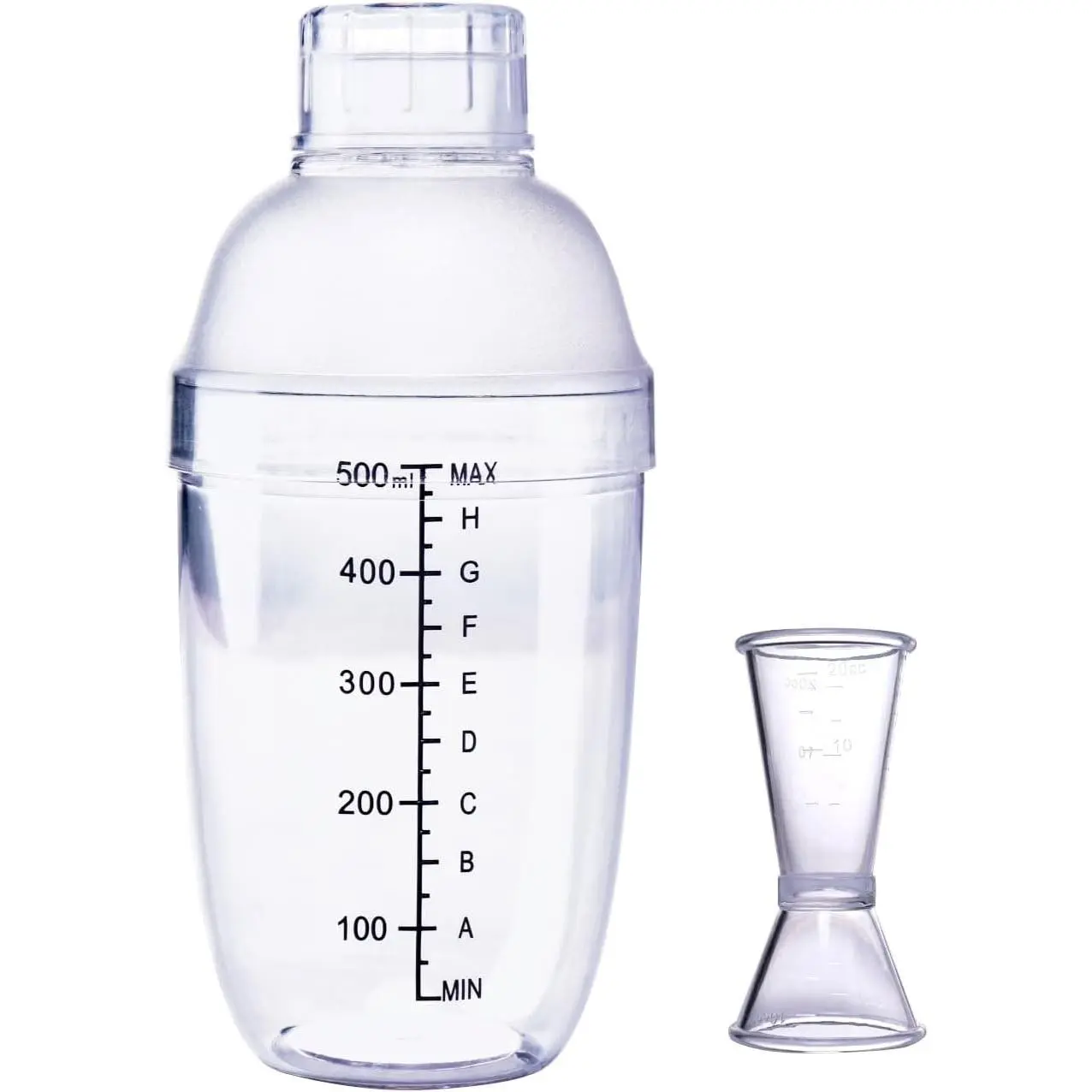 Plastic Cocktail Shaker Bar Tool Set with Measuring Jigger Hand Drink Mixer Boba Tea Shaker Cup with Scales Transparent 500ML for Protein