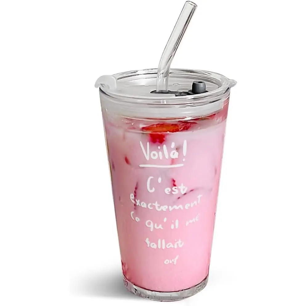 15oz Glass Tumbler with Straw and Lid, Cute Iced Coffee Cups, Aesthetic Glass Cups, Coffee Tumbler, Water Cup, Matcha Cup, Drinking Glasses (The  Match)