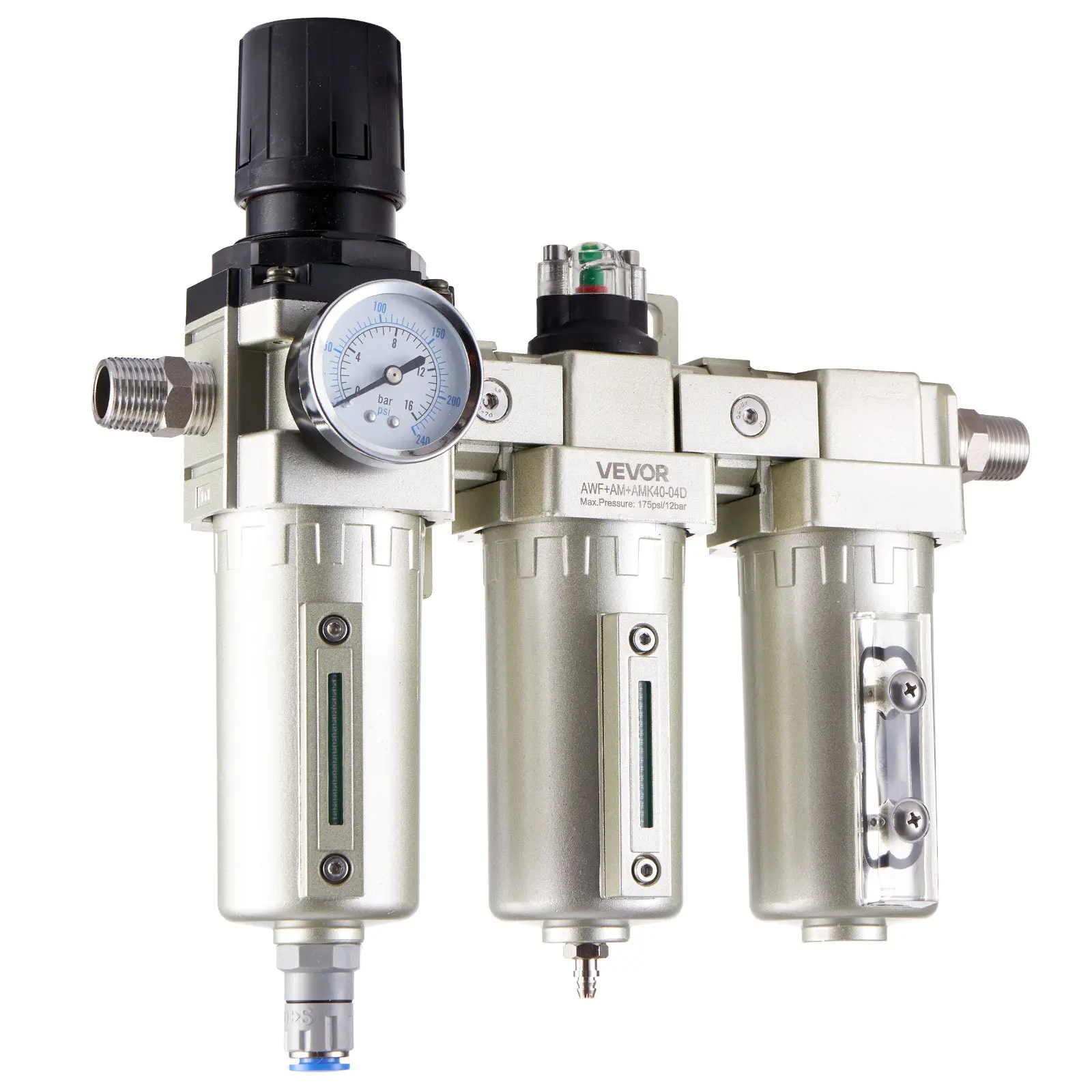 VEVOR Air Compressor Filter Regulator, 1/2" NPT 3-Stage 5μm & 0.3μm & 0.1μm Air Drying System with Micron Filters and Desiccant Dryer, Auto Drain Air Compressor Water Separator 175PSI Max Pressure