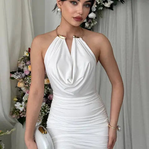 Elegant Women's Tie-Back Dress, Round Neck Design, Ruched Slim Fit, Backless Mini Dress, Party Cocktail Dress, Perfect for Cocktail Parties