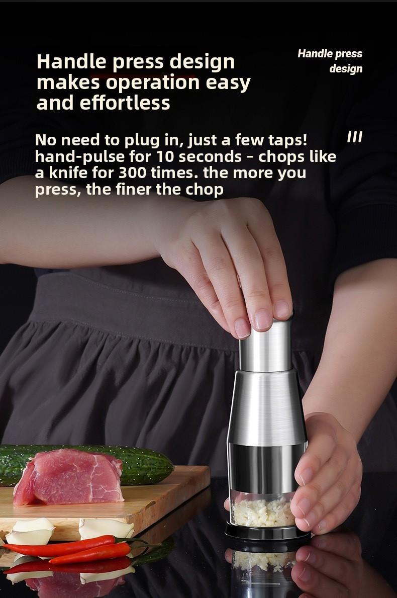 One-Push Garlic Chopper - Multi-function Kitchen Tool for Mincing Garlic, Ginger, Nuts - Thick 304 Stainless Steel, No Slip Grip