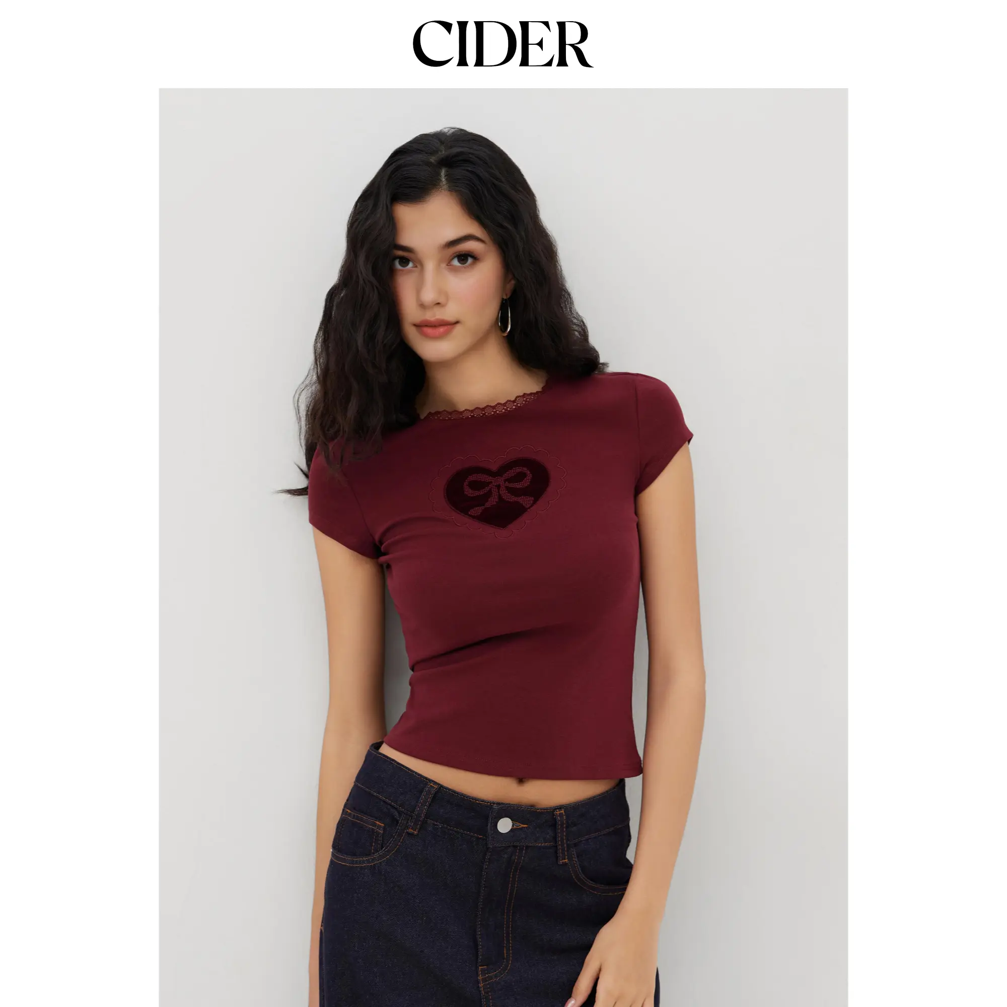 Cider Women's Cotton-Blend Top, Bowknot Detail, Heart Lace Trim, Ruched T-Shirt SummerWins SummerFinds