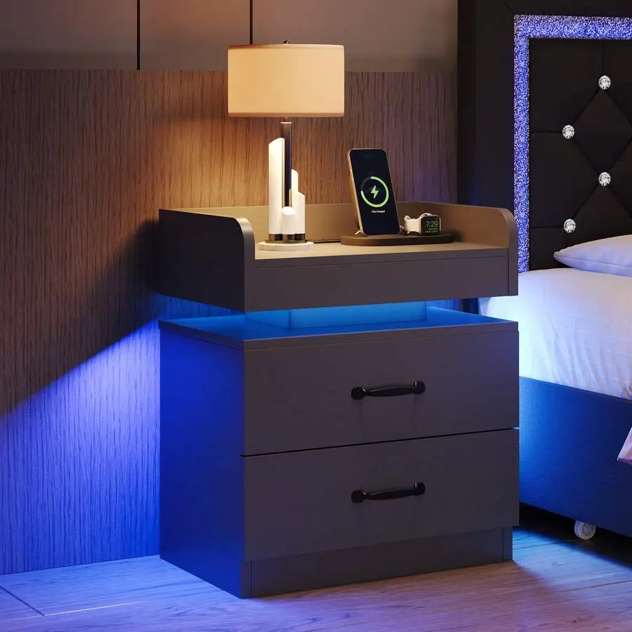 Modern Rectangular Composite Wood Nightstand with Charging Station, Wall Plug, USB LED Strip, 2 Drawers, Floating Top, Adjustable End Side Table for Bedroom (Black/White/Grey), Bedside Table
