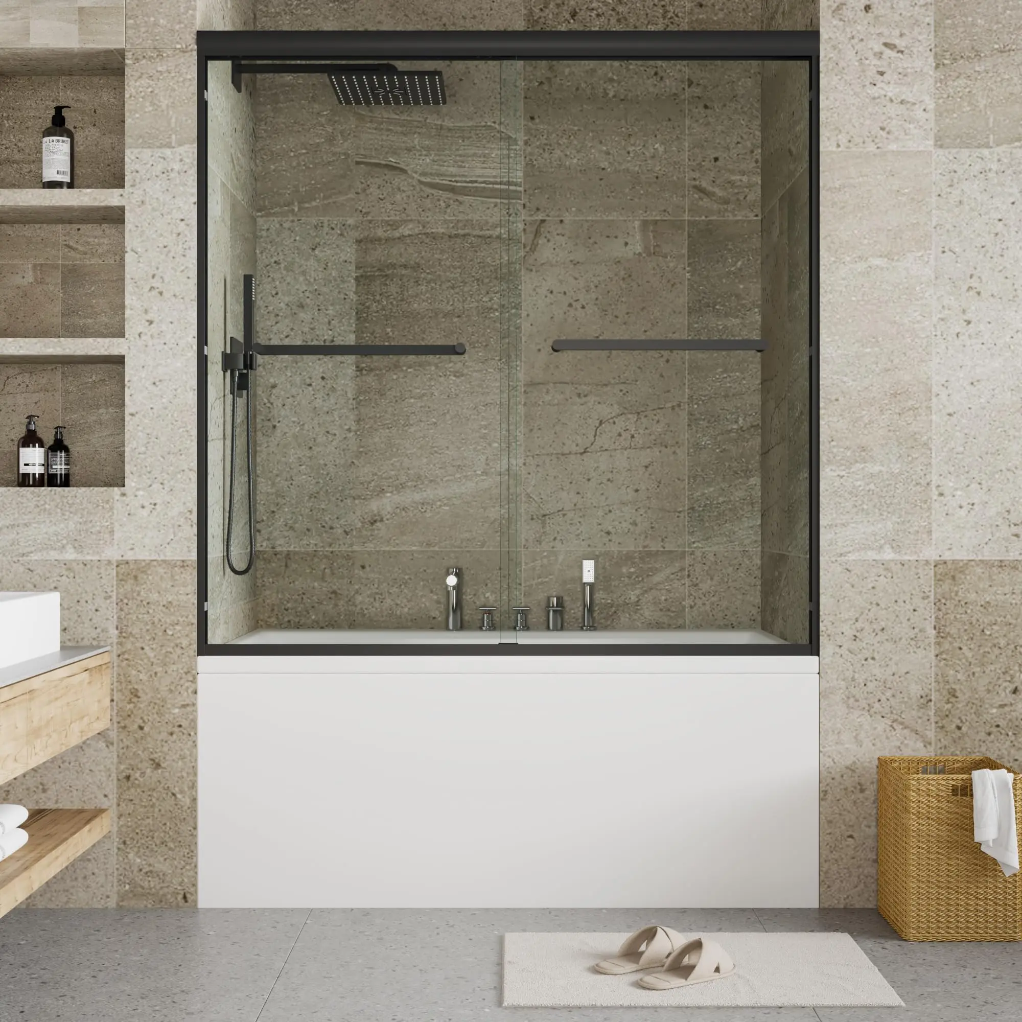 Garvee Bathtub Shower Door, 60" W x 59" H Sliding Tub Door with Dual Panels, 6mm (1/4") SGCC Tempered Glass with Explosion-Proof Film & Protective Coating, Matte Black Aluminum Alloy Frame