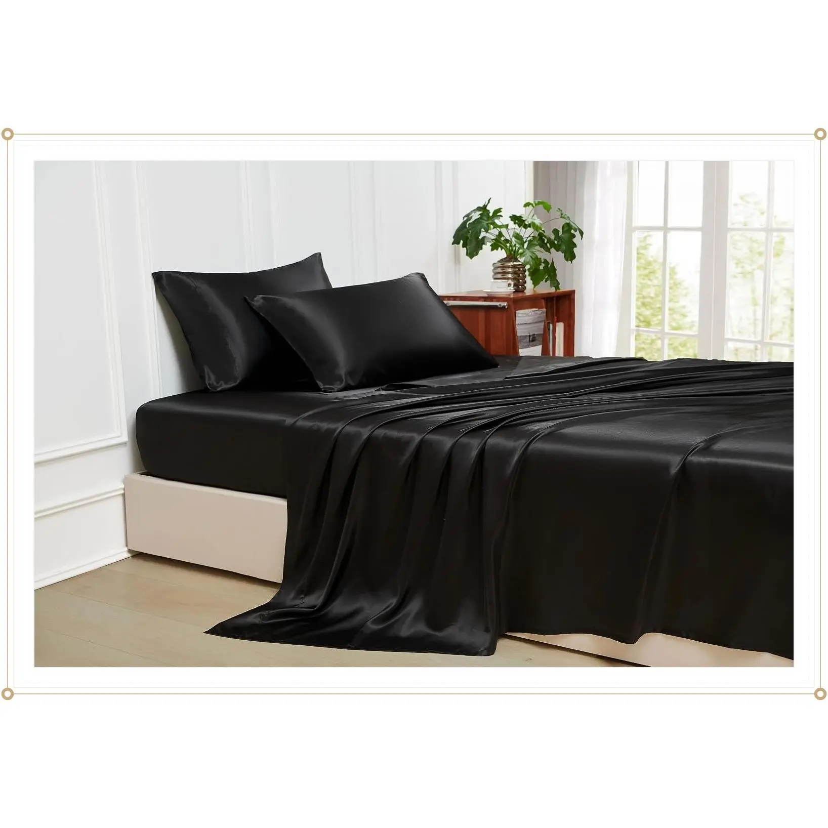 Silk Satin Sheets Queen Size, Cooling Soft Hypoallergenic Bed Sheet Set with Deep Pockets, BlackGift