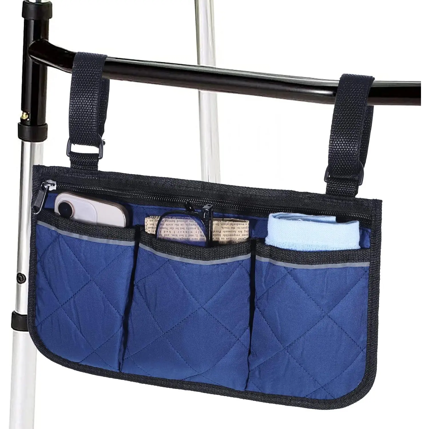 Walker Storage Bag Folding Basket Wheel Chair Bags for Seniors Blue | with Reflective Strips, Lightweight, Hand Free, Storage Carrier Tote,  Size, Rollator Accessories