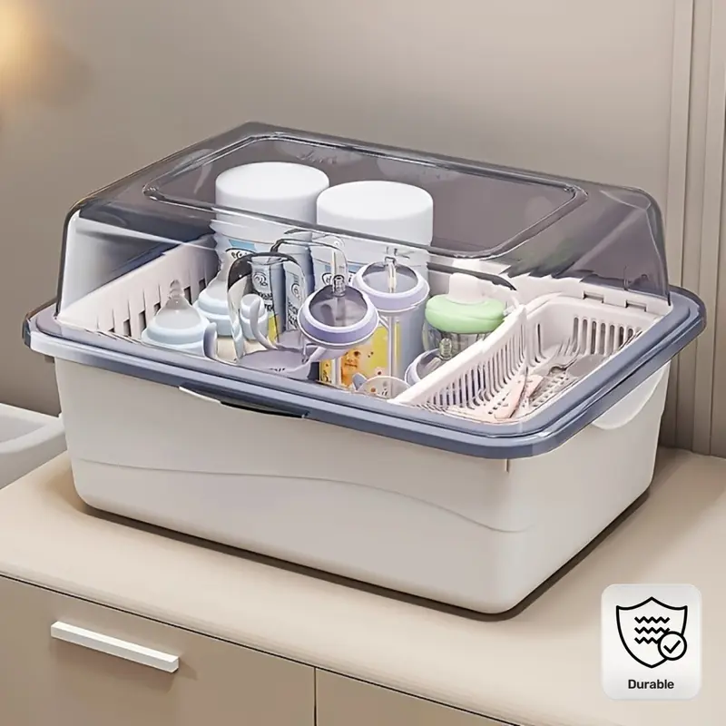 1pc large capacity baby bottle storage box with three optional colors, transparent dustproof tableware drying rack with drainage, durable plastic cup holder, space saving organizer for nursery kitchen bathroom, ideal Christmas gift