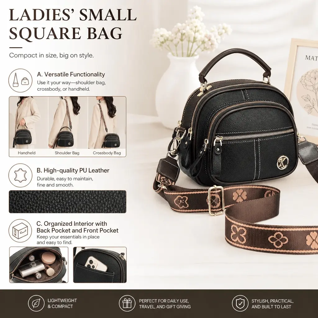 1PC Leather Backpack, Multifunctional Backpack, Three-layer Versatile Lychee Pattern Crossbody Bag, Ladies' Small Square Bag, single-shoulder Handbag, Light and