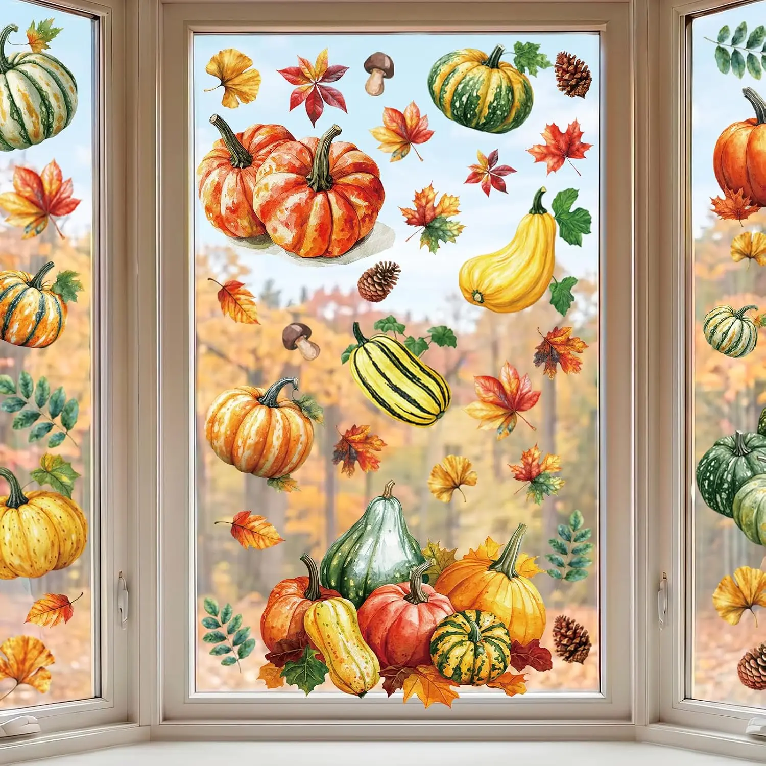 Fall Window Clings Decor Pumpkin & Leaf Autumn Thanksgiving Decorations | 8 Sheets Holiday Stickers for Glass Windows, Autumn Harvest  for  Office School Classroom Farm, Glass Doors Decor