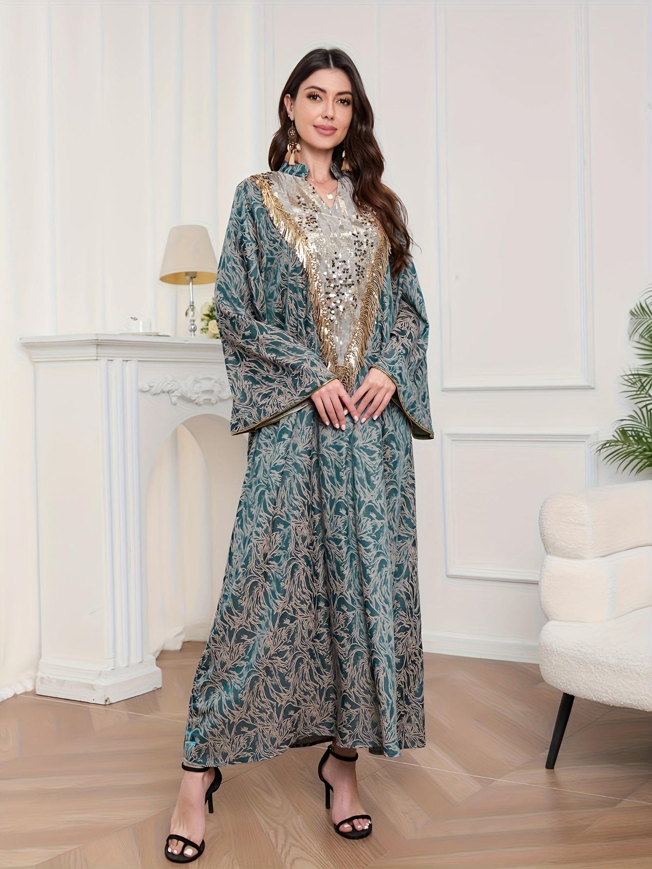 Middle East Cross-Border Muslim Evening Dress, Arab Dubai Gown with Tulle Embroidery and Sequins for Women