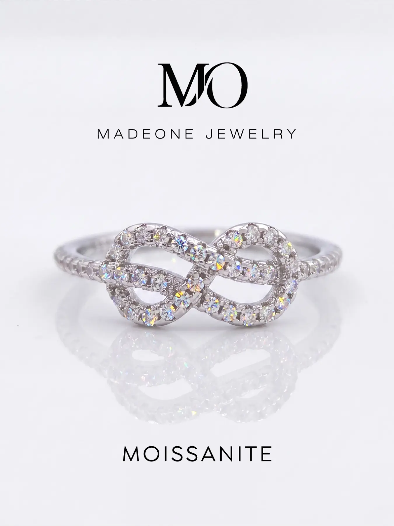 Full‑Paved Infinity Symbol Moissanite Copper Band Ring for Women, Classic Infinity Sign Fully Inlaid With Sparkling Moissanite Stones, Polished Comfort‑Fit Band, Gold & Silver Tone, Stackable Jewelry for Wedding, Anniversary And Daily Dating Occasions.