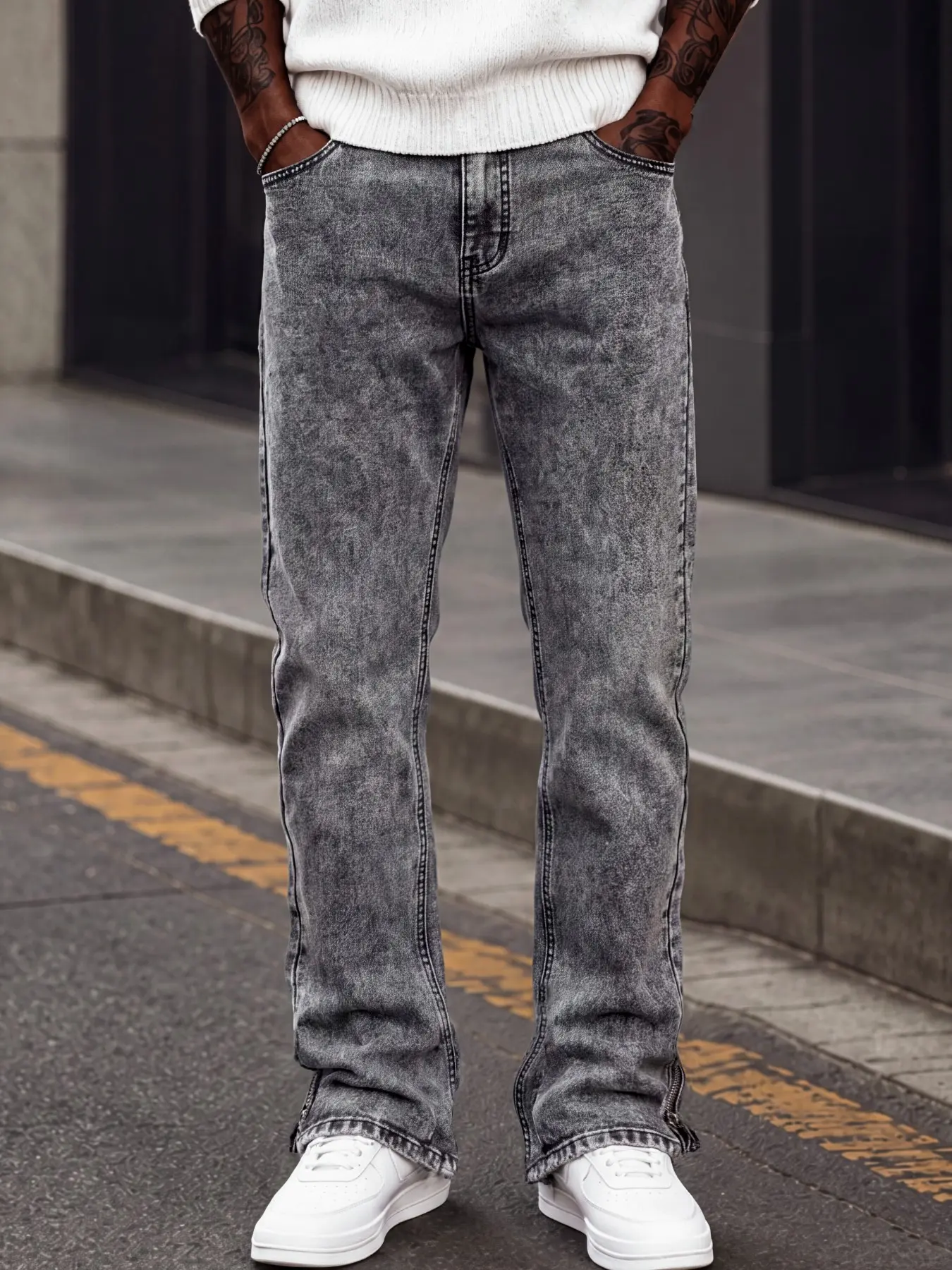 Men's Vintage Grey Washed Slim Straight Denim Jeans, Zip Ankle Streetwear Pants, Y2K Hip Hop Casual Outfit Fashion