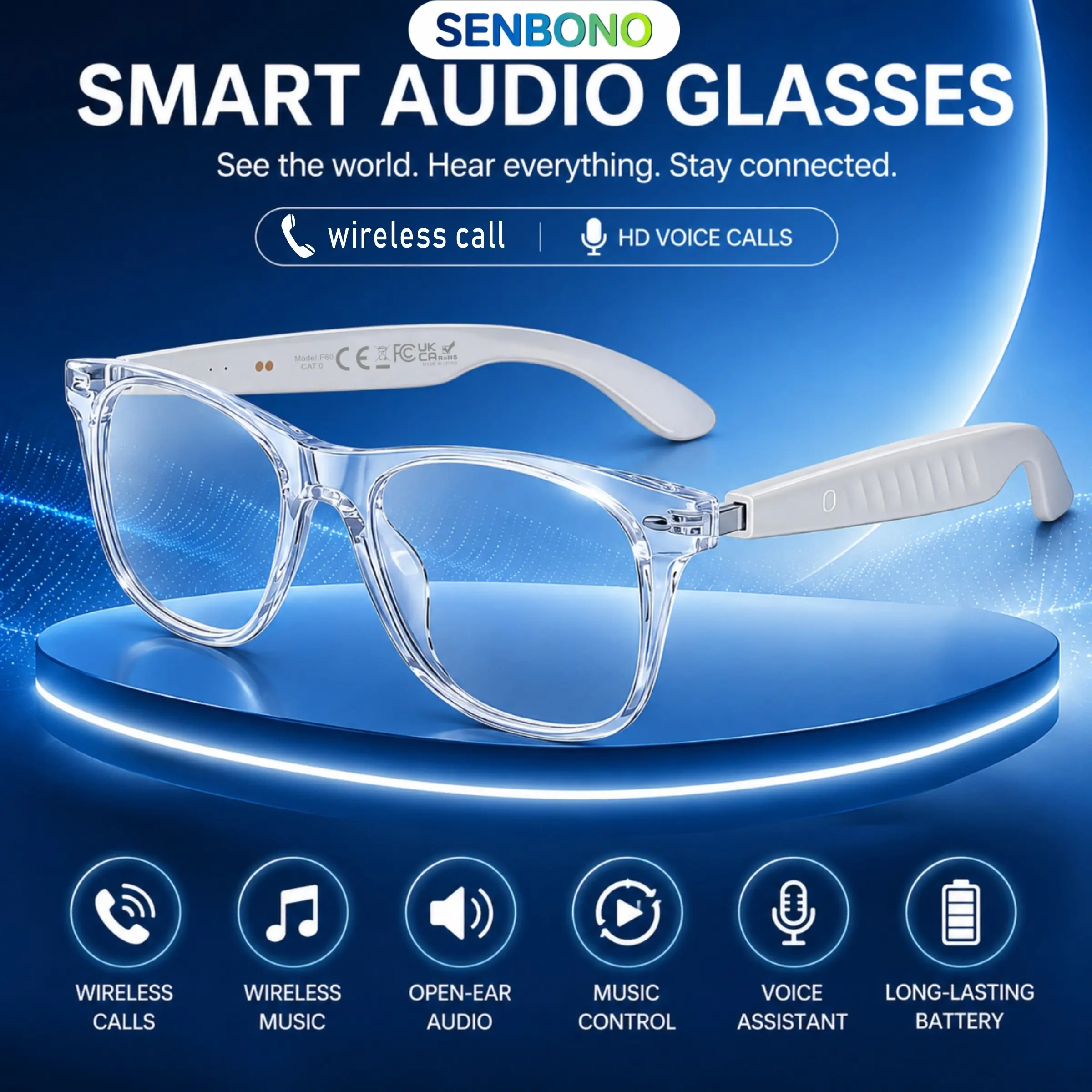 SENBONO's new smart glasses, intelligent translation glasses, support multiple language translations, audio glasses for listening to music and making calls, unisex, support AI voice assistants, suitable for indoor use, driving, and conference scenarios