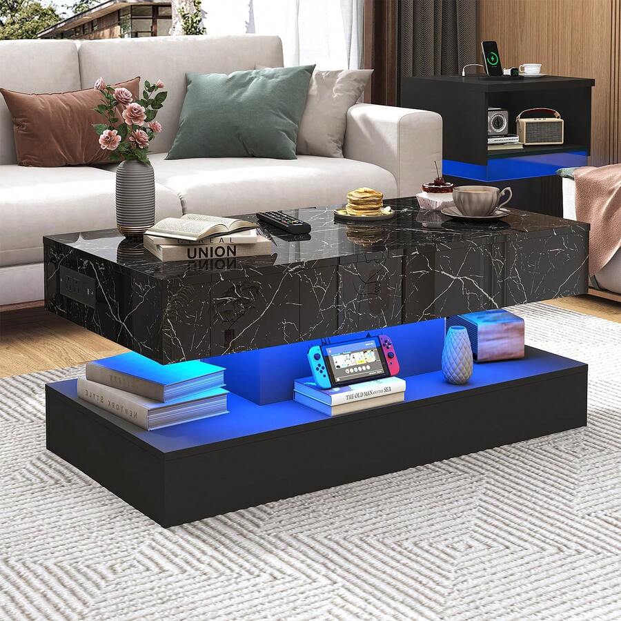 39.4"/47.2" Large Lift Top Coffee Table with Charging Station & LED Lights, Modern High Glossy Center Table with Hidden Compartment Storage for Living Room