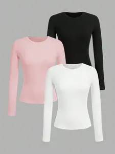 3-Pack Women's Basic Round Neck Long Sleeve T-Shirts, Slim Fit Slimming Inner Top, Layering Underwear, Fashionable Casual Wear