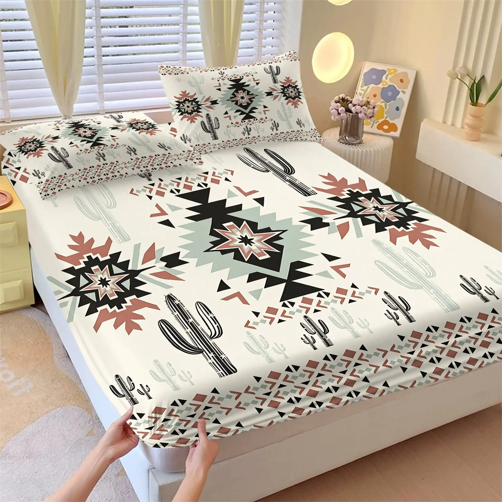 Boho Aztec Star Saguaro Cactus Fitted Sheet Set, 1 Fitted Sheet + 2 Pillowcases - 3 Piece, Comfy Bedding Set, Soft Microfiber Deep Pocket Design All Season, Boho Western Bedroom Decoration, Gift for Country & Western Style Fans