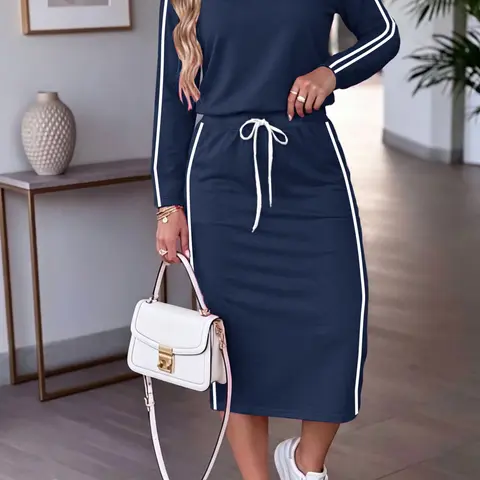 Women's Sporty Casual Everyday Two-Piece Set, Long Sleeve Round Neck Top + High Waist Slim Half Skirt, Comfortable Stretch Fit, Trendy Street Style